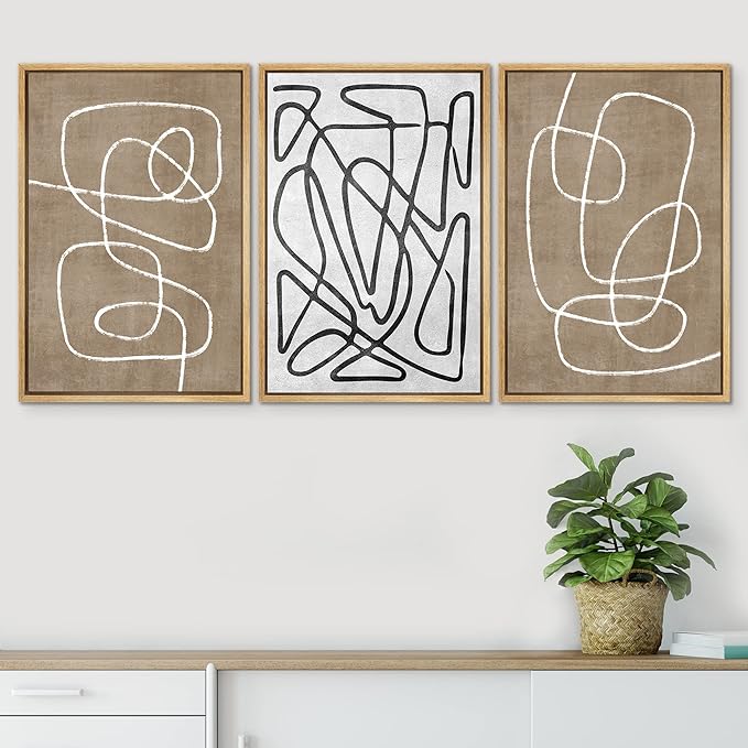 SIGNWIN Framed Canvas Print Wall Art Set Geometric Mid-Century Sketches Graffiti & Street Art Abstract Illustrations Modern Art Decorative Nordic for Living Room, Bedroom, Office - 24"x36"x3 Natural