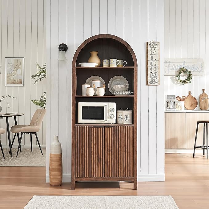 Arched Cabinet Bookshelf Bookcase - 71” Tall Mid Century Arched Display Cabinets, Rounded Bookshelf with Fluted Doors, Open Shelf Storage Cabinet for Dining Room (Walnut)