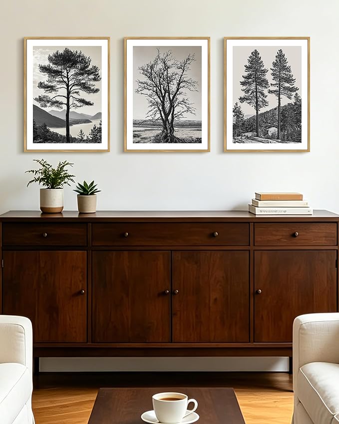 KUVIOKE Vintage Tree Framed Canvas Wall Art Black and White Retro Antique Forest Drawings Nature Wilderness Sketch Wall Painting Modern Decor 12x16in (Natural Framed)