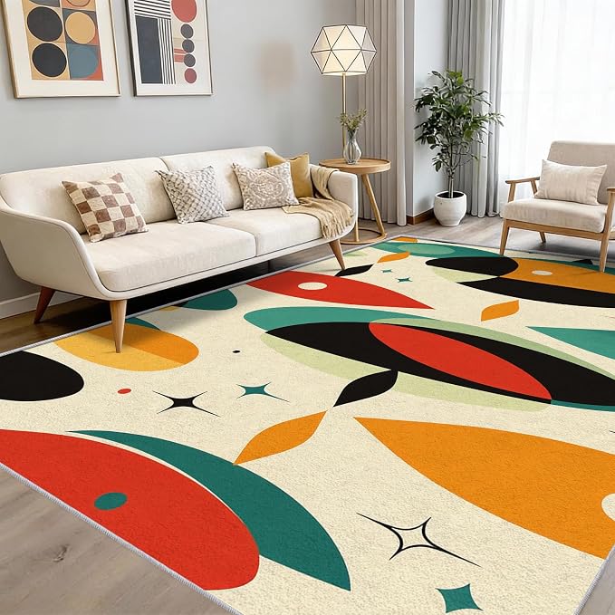 Mid Century Rug 3x5 Retro Abstract Geometric 70s 80s Pattern Area Rugs for Living Room, Bedroom, Mid Century Home Decor Accessories Indoor Carpet, Non Slip & Machine Washable, GD0685