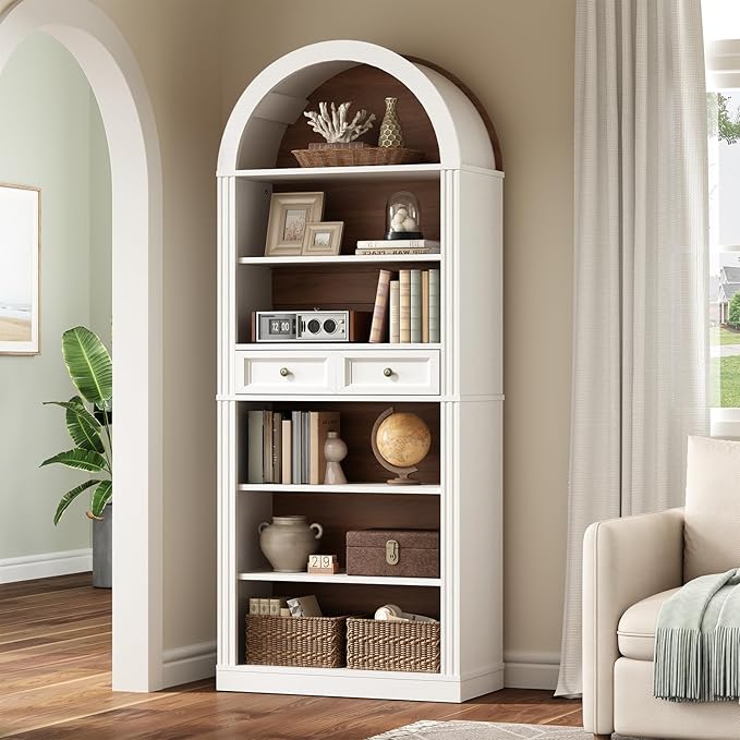 RALGEND Arched Bookshelf, 73" Tall Arch Bookcase with Drawer, 6-Tier Farmhouse Book Shelf, Wooden Bookshelf with Open Display Shelves for Living Room, Office, Adjustable Shelf, Walnut and White