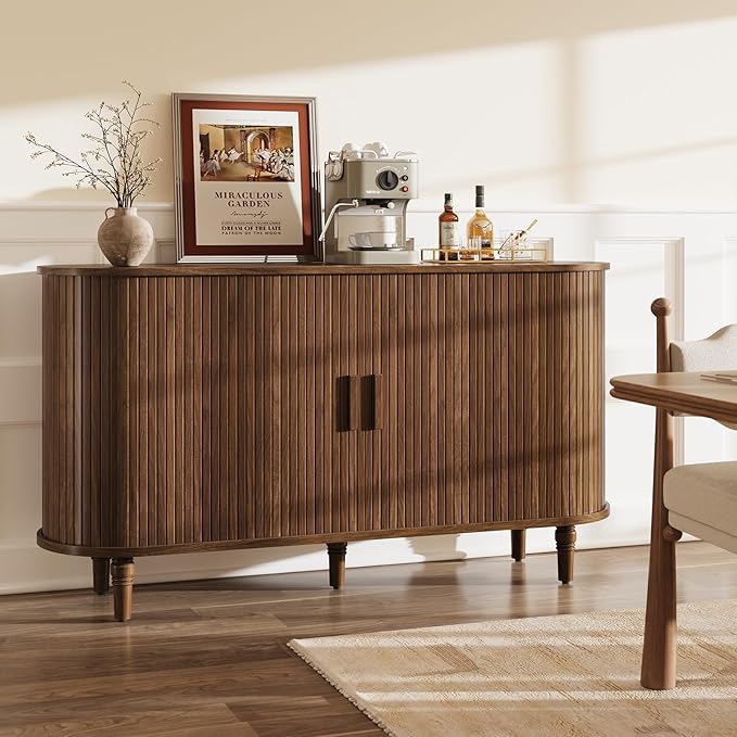 Sideboard Buffet Cabinet with Storage - Accent Kitchen Credenza Console Table with Sliding Door & Adjustable Shelf, Fluted Coffee Bar Sideboards for Living Room, Dining Room, Entryway, Walnut
