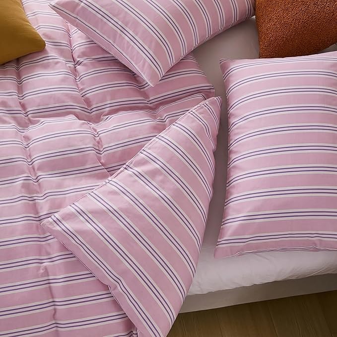 Merryword Striped Duvet Cover Set King Size - 100% Cotton Duvet Cover Set, Purple Ribbon Stripes Pattern Comforter Cover 3 Pieces, Soft Linen Like Bedding Set for All Seasons