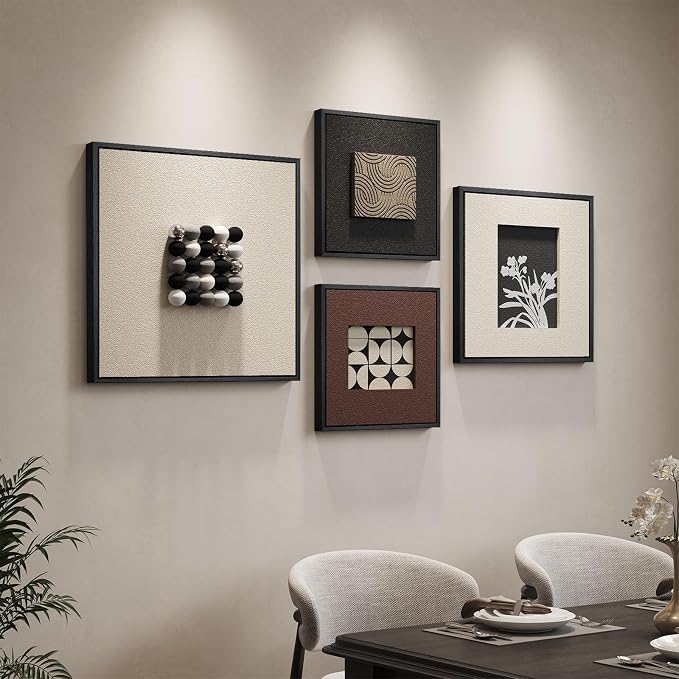 Large Framed 3D Modern Wall Art Decor for Living Room, 4 Piece Black and White Geometric Artwork for Walls, Minimalist Textured Paintings Wall Decor for Dining Room, Hallway, Bedroom
