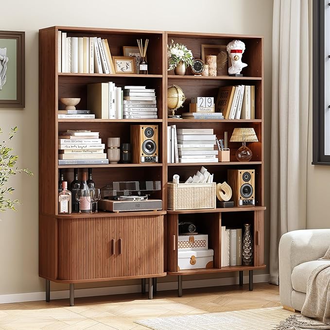 ONBRILL 71" Tall Bookshelf, 4-Tier Bookcase with Storage Cabinet & Adjustable Storage Shelf, Freestanding Wood Bookshelf with Sliding Door and Adjustable Footpad, for Home Office, Living Room, Walnut