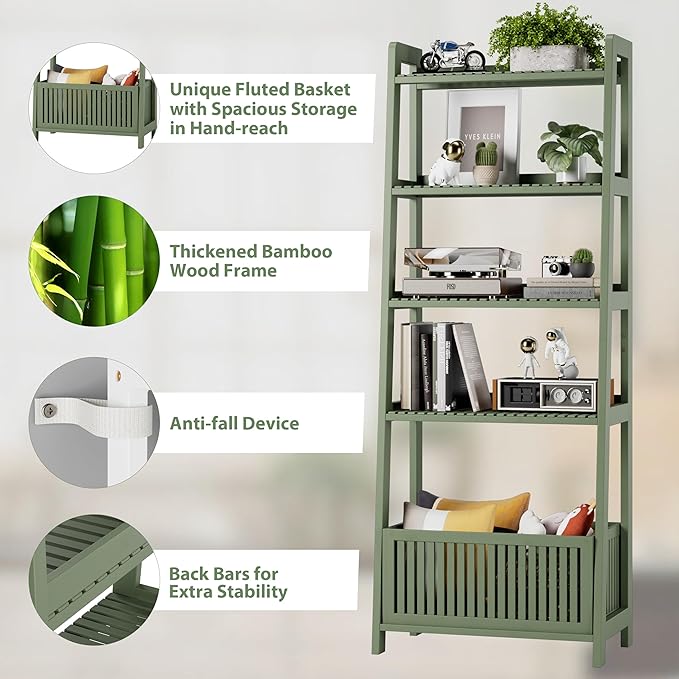 Bamjoy Bamboo Ladder Bookcase, Bookshelf with 4 Display Shelves and 1 Open Storage Basket, Storage Rack Organizer for Home Office, 66” H Forest Green