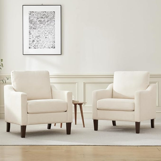 VKNOW Mid Century Modern Accent Chair, Upholstered Living Room Chairs Armchair for Bedroom, Comfy Reading Accent Chairs with Wood Legs for Living Room (2, Beige)
