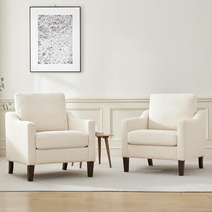 VKNOW Mid Century Modern Accent Chair, Upholstered Living Room Chairs Armchair for Bedroom, Comfy Reading Accent Chairs with Wood Legs for Living Room (1, Beige)