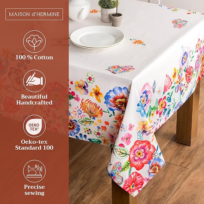 Maison d' Hermine Table Cloth Rectangle Table 100% Cotton 60 x 90 Inches Tablecloth Reusable Decorative for Dining Room Farmhouse Valentines Day Decorations Spring Summer - Happy Florals - High Summer