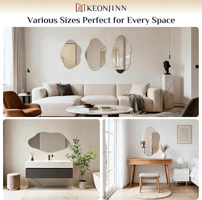Keonjinn Nickel Irregular Mirrors for Wall 40" x 24" Inch, Asymmetrical Metal Frame, Tempered Glass Decorative Mirror for Bathroom, Bedroom, Living Room, Entryway(Horizontal/Vertical)
