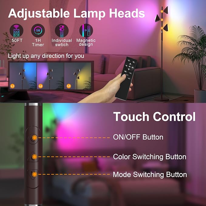 RGB Tree Floor Lamp for Living Room, Stepless Dimmable Tall Standing Lamp with Remote, Touch Control and 3 Rotatable Light, Bright LED Lights for Bedroom with 4 Color-Changing, Oil Rubbed Bronze