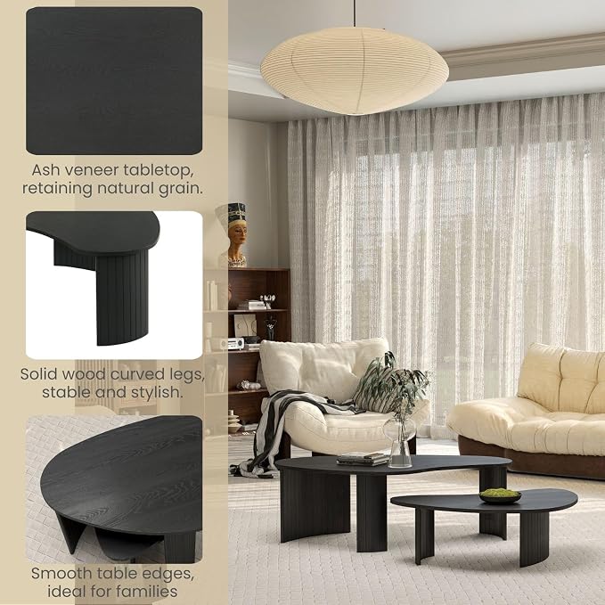 Black Nesting Coffee Table Set of 2 – Cloud/Mango Shaped Wood Grain Veneer Top with Fluted Solid Wood Legs, Space-Saving End Tables for Living Room