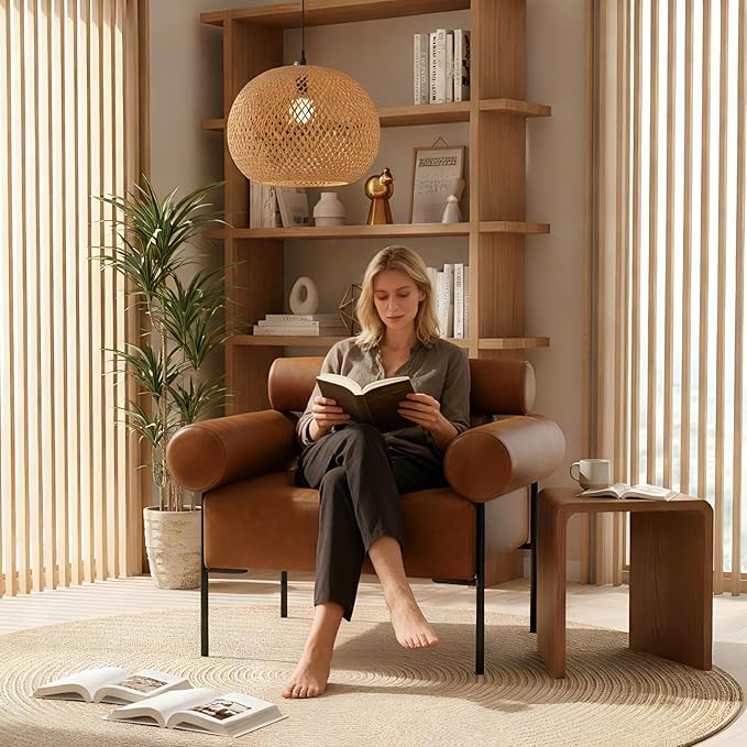 Modern Accent Chairs Set of 2, Single Sofa Accent Chairs for Living Room, Oversized Upholstered Leather Mid-Century Office Reading Armchairs with Channel Tufted for Bedroom, Brown