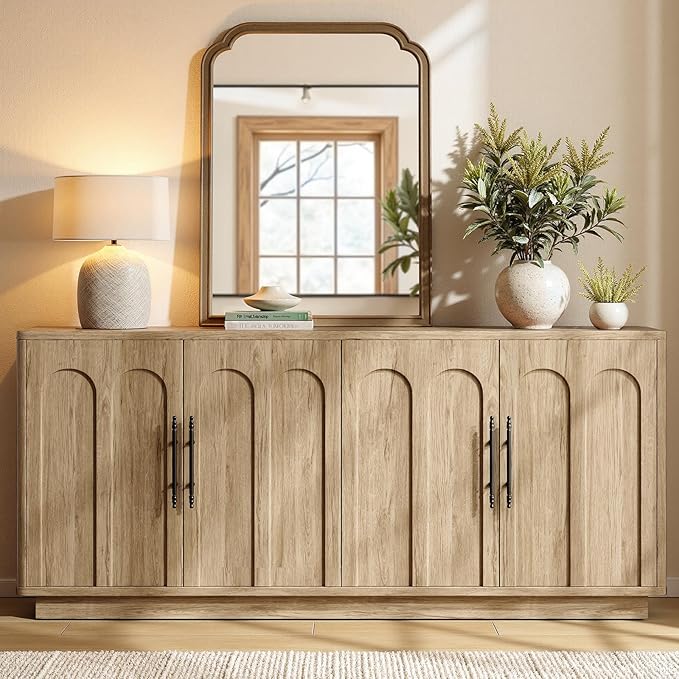 Evermagin 67" Arched Oak Buffet Cabinet with Storage, Large Credenza with 4 Doors, Wood Mid Century Modern Sideboard for Kitchen and Living Room (67"*31.5"*15.7")