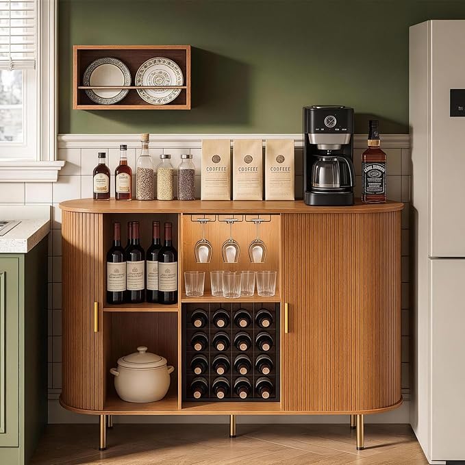 DHH 55" Wine Bar Cabinet with Storage, Fluted Liquor & Coffee Bar Cabinet with Wine Rack and Glass Holder, Buffet Sideboard with LED Lights for Home Kitchen Living Dining Room(Yellow Walnut)