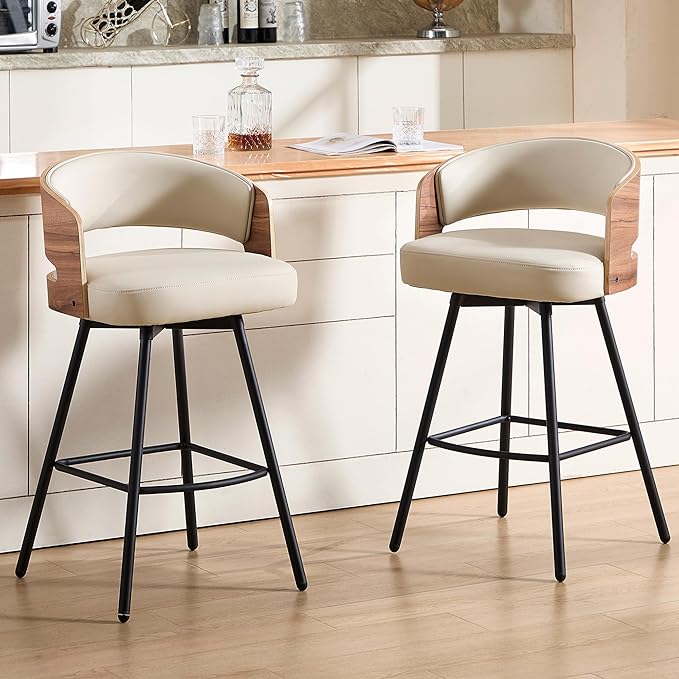 Swivel Bar Stools Set of 2, 26" Counter Height Bentwood Barstool, Upholstered Faux Leather Barstools with Walnut Back, Mid Century Modern Bar Chairs for Kitchen Island, Bar