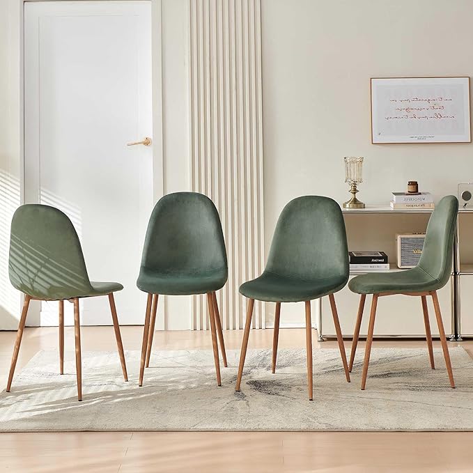 Velvet Dining Chairs Set of 4, Upholstered Dining Room Chairs with Oak Look Foiled Steel Legs, Comfortable Armless Kitchen Chairs for Living Room, Green