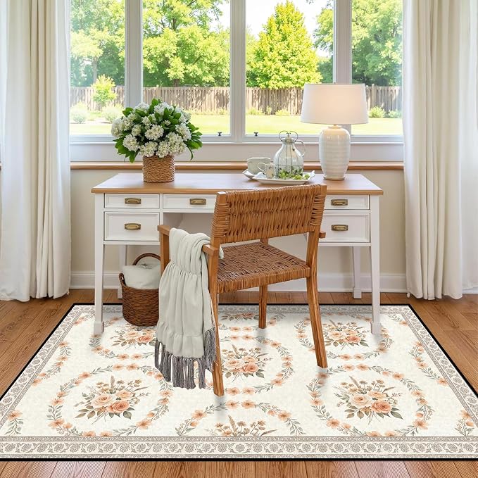 5'x7' Boho Floral Area Rug Vintage Peach Rose Carpet Non-Slip Washable Floor Mat Neutral Aesthetic Botanical Rug for Bedroom Living Room Nursery Kitchen Playroom Home Decor