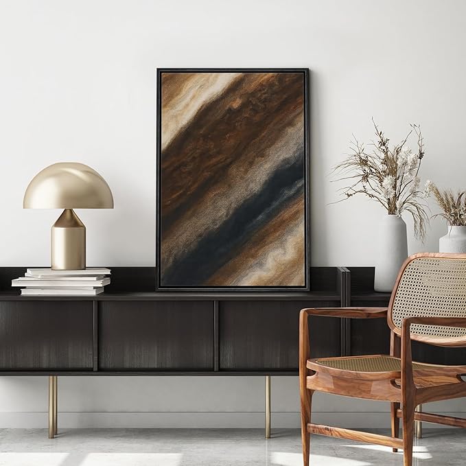 MUDECOR Framed Canvas Print Wall Art Earth Tone Marble Flow Abstract Brown and Cream Fluid Illustrations Fine Art Decorative Zen Multicolor Country/Farmhouse Retro for Bedroom - 16"x24" BLACK