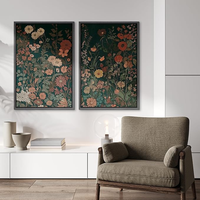 IDEA4WALL Framed Canvas Print Wall Art Set Vintage Wildflower Botanical Dark Green Floral Illustrations Modern Art Decorative Bohemian Calm/Zen for Living Room, Bedroom, Office - 24"x36"x2 Black