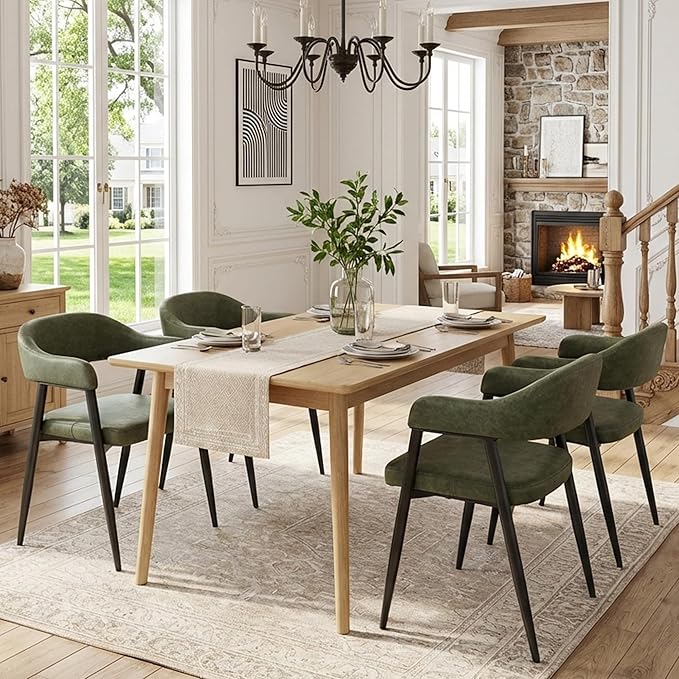 HNY Modern Dining Room Arm Chairs Set of 4, Green Retro Faux Leather Upholstered Barrel Dining Chairs with Arms Mid-Century Accent Chair with Metal Legs, Open-Back Kitchen Side Chairs for Living Room