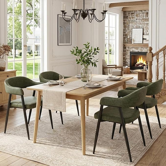 HNY Modern Dining Room Arm Chairs Set of 4, Green Retro Faux Leather Upholstered Barrel Dining Chairs with Arms Mid-Century Accent Chair with Metal Legs, Open-Back Kitchen Side Chairs for Living Room