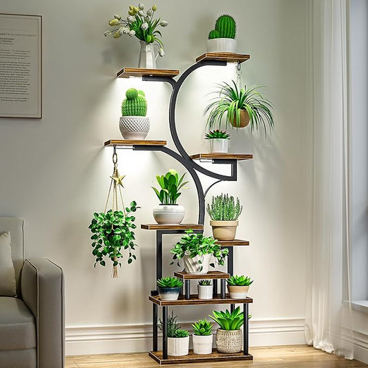 VECELO 66.1" Tall Plant Stand Indoor with Grow Lights, 9-Tier Plant Shelf with Hanging Hooks, S-Shaped Metal Plant Rack, Space-Saving for Home, Living Room & Corner Spaces, Brown