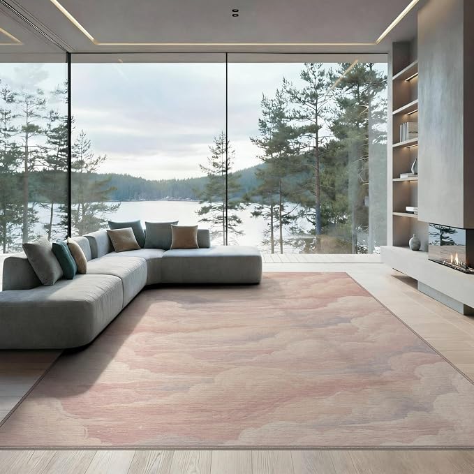 9'x12' Washable Watercolor Cloud Oversized Rug, Blush Pink Non-Shedding Pet Friendly Carpet for Master Suite, California King, Under Bed, Foldable Easy Care Mat | Ref:2208256