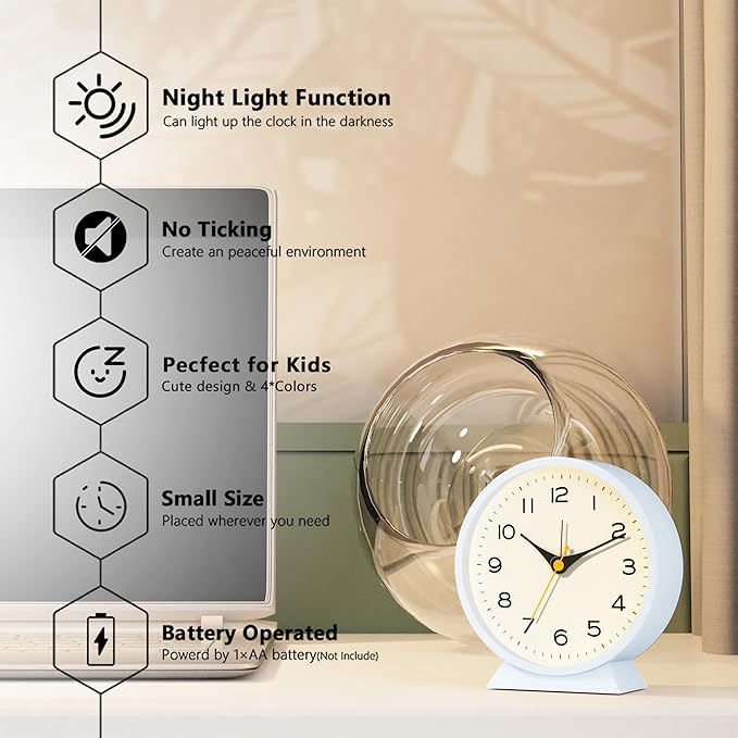 AYRELY® 4.5" Analog Alarm Clock,Small Retro Desk Clock Battery Operated,Slient Metal Table Clock with Light for Living Room Decor,Bedroom,Bedside,Shelf (Light Blue)