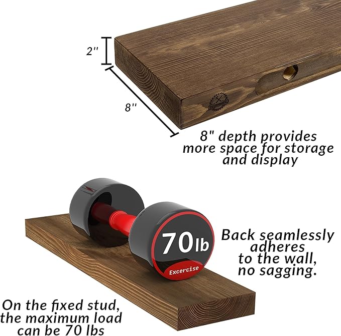 Rusitc Floating Shelves 48 inch Long 8 "deep Set of 1, Heavy Duty Wood Wall Mounted Shelves for Bathroom Living Room Kitchen,Book Shelves with Thickened Hidden Bracket-Walnut