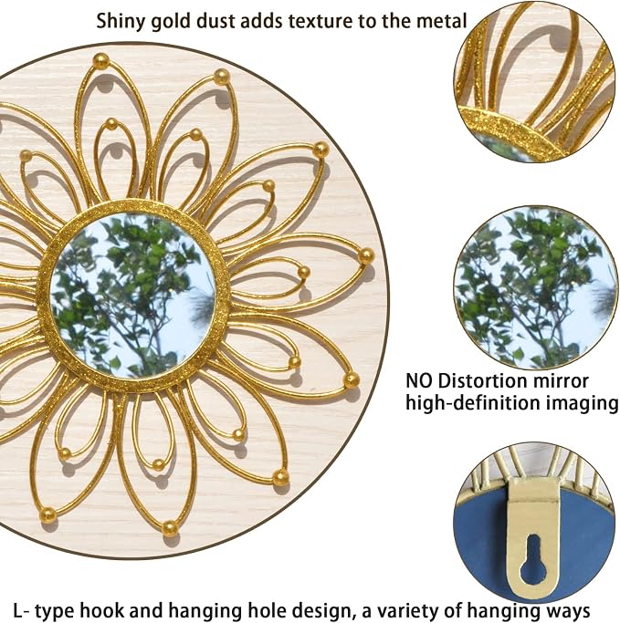 Mirror Wall Decor Gold Mirrors for Wall Metal Sunburst Mirrors Home Decoration Wall Art Decorative Mirror Suitable for Living Room Bedroom Entrance Set of 3