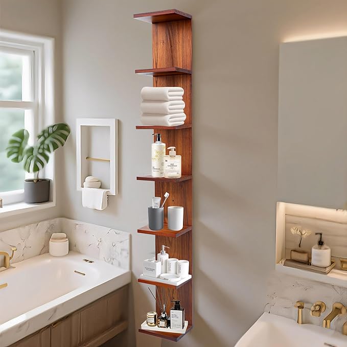 7 Tier Wall Shelf Unit,Vertical Column Floating Storage Home Decor Organizer,Walnut Lack Wall Shelf for Bedroom,Living Room,Office Decor(1 Pack)