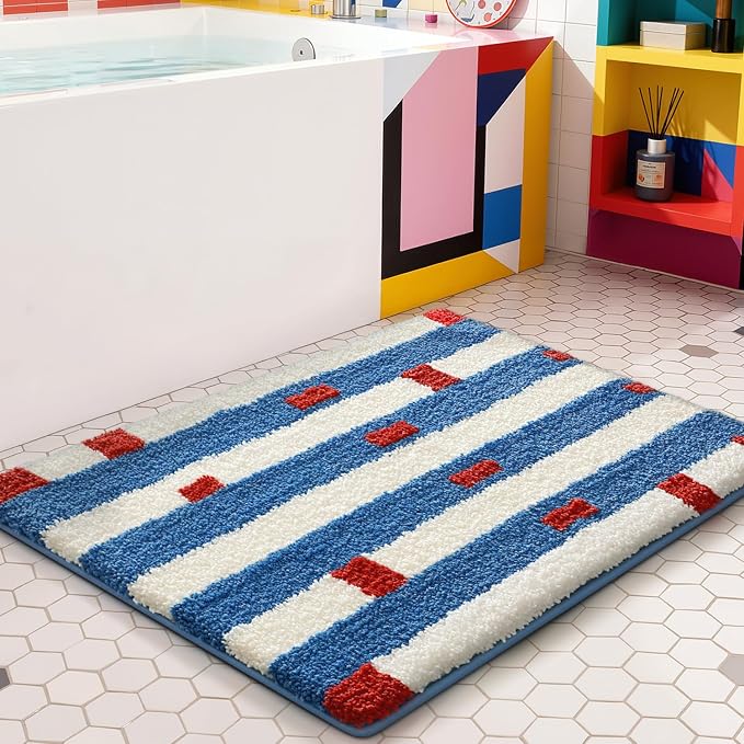 LUMI Bathroom Rugs with Blue White Stripe, Soft Absorbent Bath Mat for Modern Home Decor, Non-Slip Quick-Dry Bath Rug, Machine Washable Floor Mat for Shower and Tub, Entryway, 16"x24"