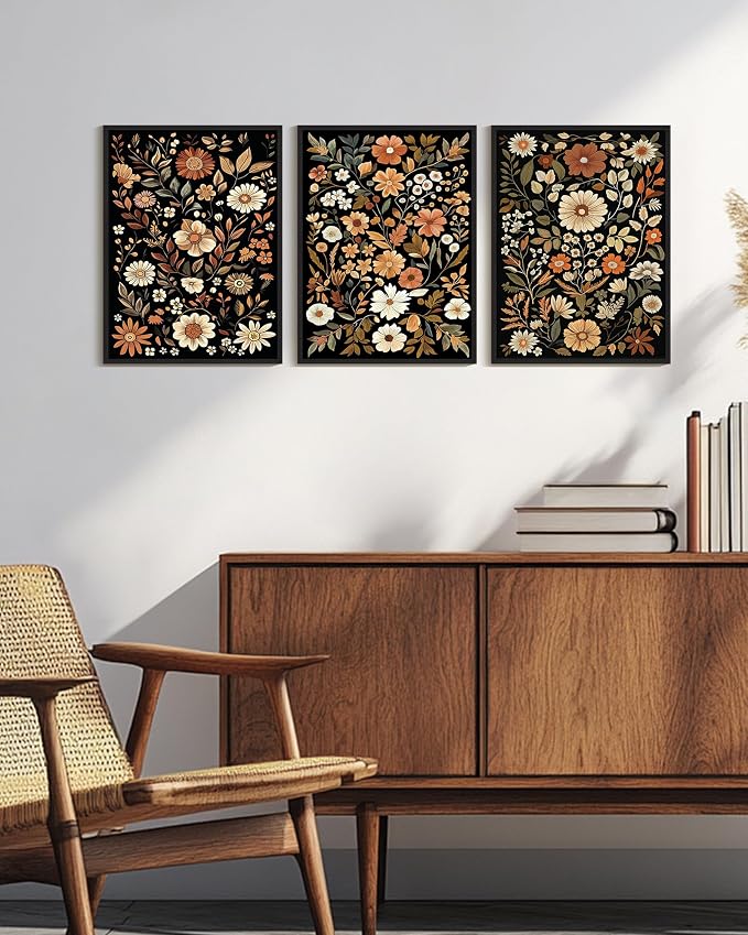 KUVIOKE Orange Vintage Flower Framed Wall Art Boho Floral Wall Decor Retro Wildflower Modern Art Prints for Living Room Bedroom 12x16in (Black Framed)