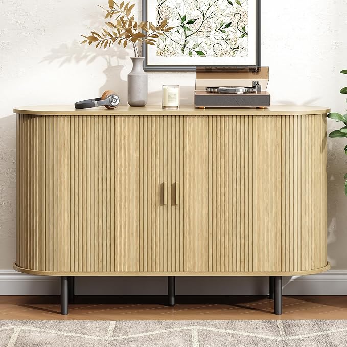 Buffet Cabinet with Storage, Fluted Sideboard Buffet with Sliding Door, Coffee Bar Cabinet with Adjustable Shelf, Console Table, Accent Table for Entryway, Kitchen (Oak, 48 Inch)
