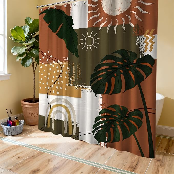 Mid Century Modern Shower Curtain Boho Abstract Tropical Leaf Shower Curtains for Bathroom Decor Sets, Waterproof Cloth Fabric with Hooks, 72x84 Inch