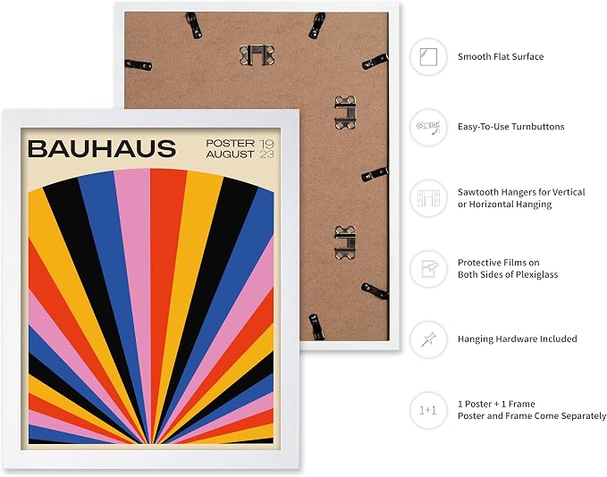 Poster Master Bauhaus Poster - Rainbow Sun Rays Print - Geometric - Abstract Art- Graphic Design - Chic Boho - Mid Century Modern Art - 16x20 White Framed