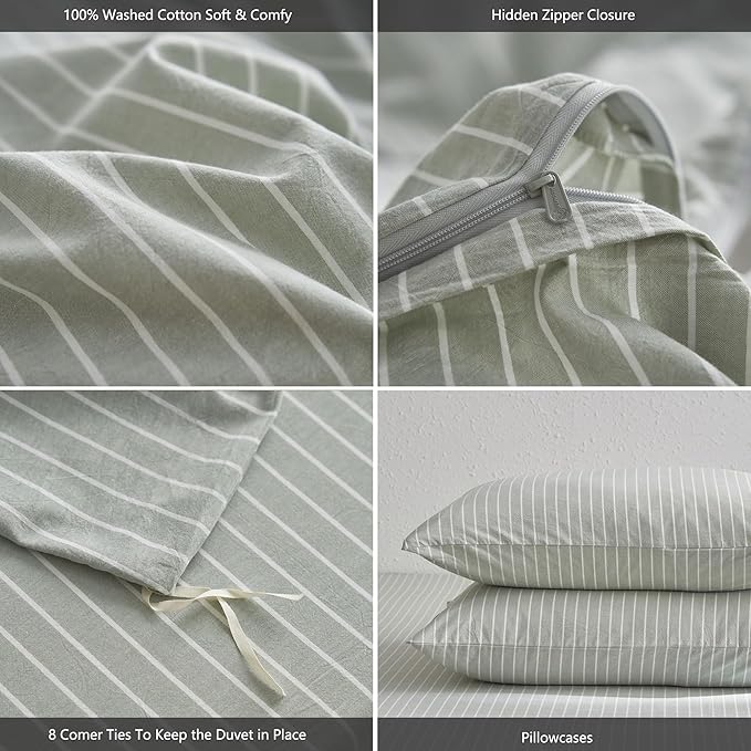 MooMee Striped Duvet Cover Set 100% Washed Cotton Linen Like Textured Breathable Durable Soft Comfy (Sage Green White Wide Stripes, Oversized Queen 98"x98")