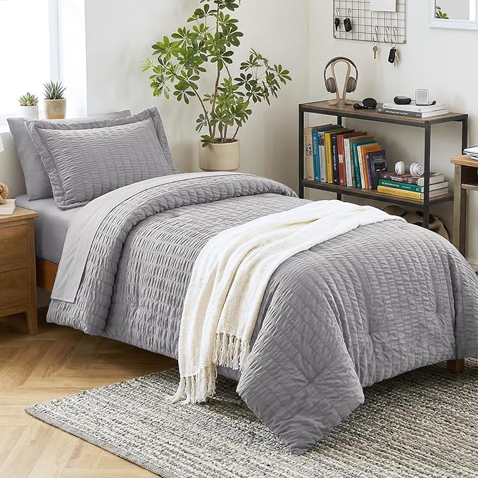 CozyLux Twin Comforter Set with Sheets 5 Pieces, Grey Seersucker Luxury Textured Bed in a Bag, Gray All Season Soft Bedding Sets with Down Alternative Comforter, Sheets, Pillowcase & Sham, Home Gift