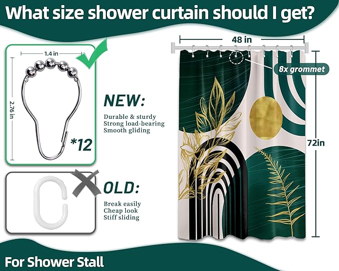 Dark Green Shower Curtain Boho Mid Century Modern Emerald Hunter Green and Gold Shower Curtains for Bathroom Decor, Waterproof Cloth Fabric with Hooks, 48" W x 72" L