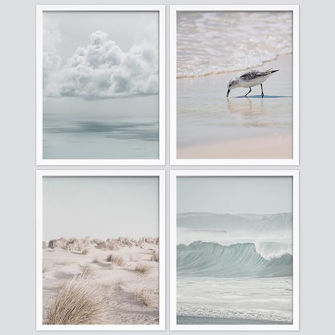 SIGNWIN Framed White Nautical Ocean Sea Beach Grass Seagull Wall Art, Set of 4 Landscape Colorful Wall Decor Prints, Nature Wilderness Wall Décor for Living Room, Bedroom - 12"x16" White