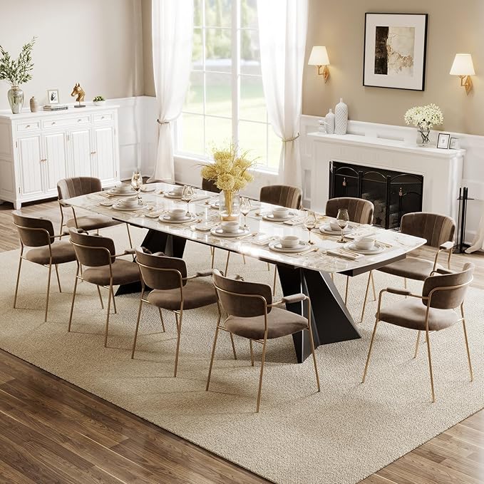 Extendable Dining Table with Leaf, 78"-110" Rectangular Sintered Stone, Marble-Look Top, Seats 6-14, Metal Base, Easy-Clean, Heat & Scratch Resistant, Dining Room/Kitchen Table for Family Gatherings