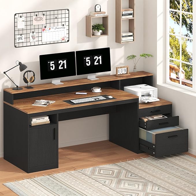 YOMILUVE Computer Desk with 3 Drawers & Storage Shelves, 65 Inch Home Office Desk with File Drawer & Cabinet, Writing Study Desks with Monitor Stand & Printer Shelf, Executive Desk, Brown and Black