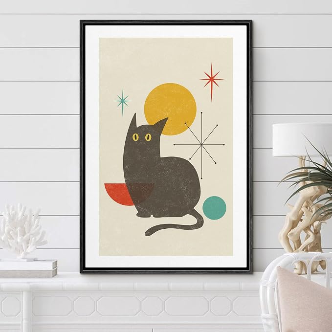 Woodrose Framed Canvas Print Wall Art Retro Vintage Geometric Black Cat Animals Shapes Illustrations Modern Minimalist Chic Relax/Calm Multicolor for Living Room, Bedroom, Office - 16"x24" Black