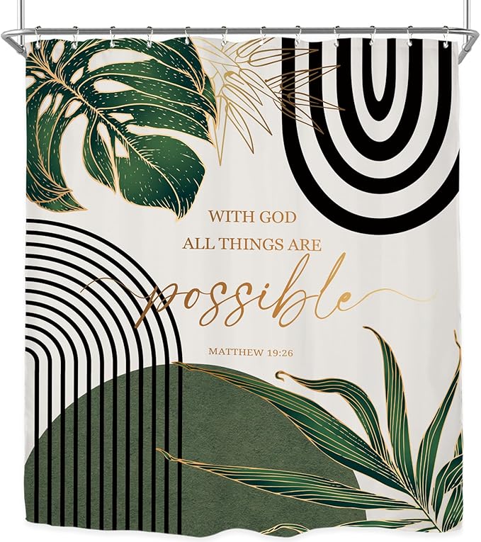 Miyotaa Emerald Sage Green Abstract Shower Curtain Set 60Wx71H Inches Minimalist Aesthetic Modern Contemporary Plant Quotes Bible Positive Polyester Waterproof Bathroom Curtain with 12 Hooks