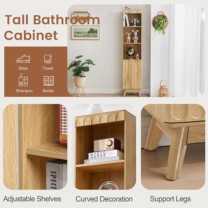 71" Tall Narrow Bathroom Storage Cabinet with Door, Small Fluted Cabinet with Adjustable Shelves & 3-Tier Open Shelf, Modern Freestanding Slim Organizer for Space Saving Living Room Kitchen (Natural)