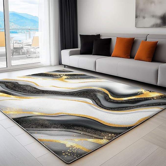 4 x 6 ft Washable Area Rug for Living Room, Abstract Luxury Marble Gold Texture Non-Slip Rugs for Bedroom, Black and White Print Carpets Indoor Mat Under Dining Table, for Kids Boys Girls