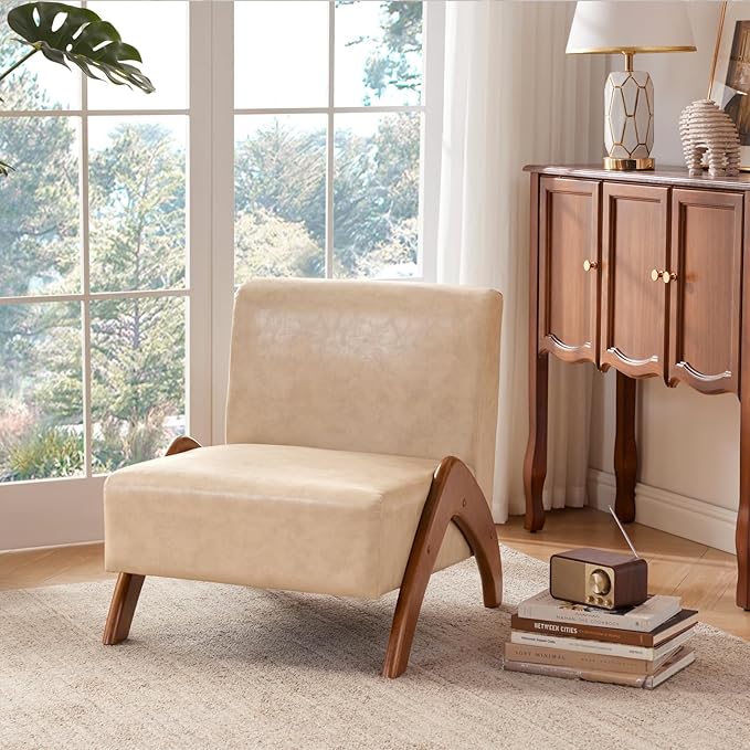Oversized Accent Chair, upholstered armless mid Century Modern Living Room Chair with Wooden Legs for Bedroom/Office/Cafe, Faux Leather Ivory