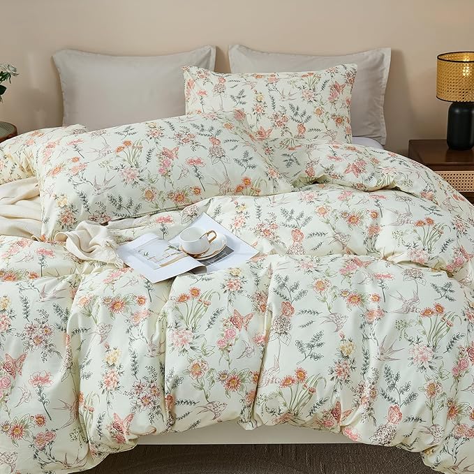 100% Cotton Duvet Cover King Size – Vintage Botanical Floral Duvet Cover Set with Zipper Closure, 3-Piece Soft Breathable Natural Premium Cotton Bedding Set for All Seasons