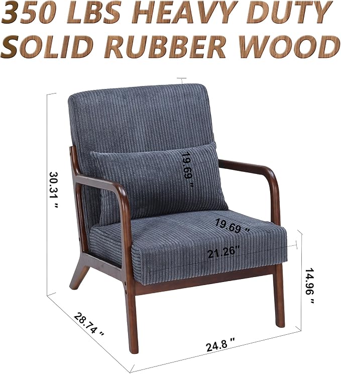 Set of 2 Mid Century Modern Accent Chair with Solid Rubber Wood Frame, Comfy Corduroy Reading Armchair with Lumbar Pillow, Heavy Duty Lounge Chair for Bedroom, Living Room & Small Spaces
